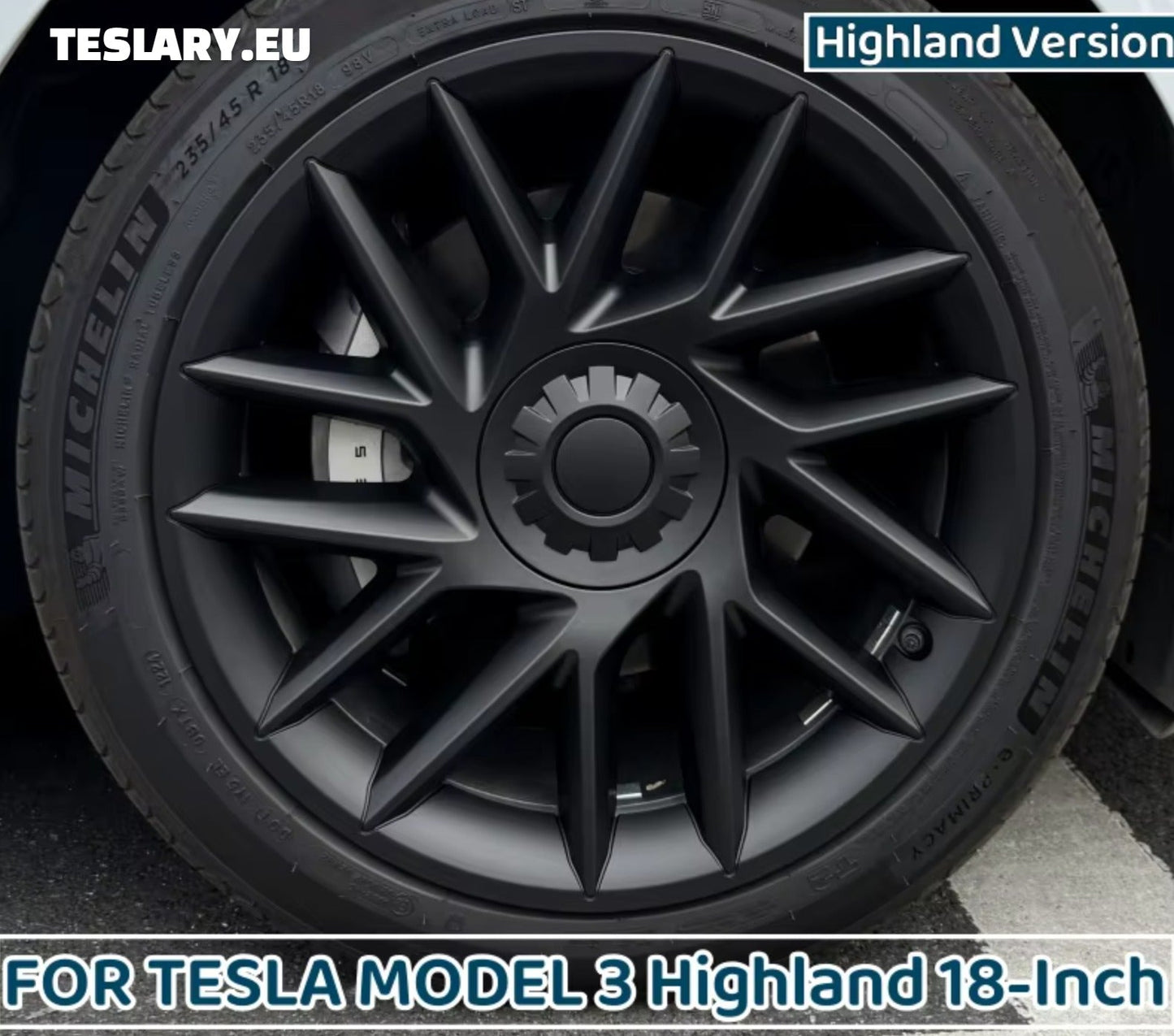 18" Tesla Model 3+ Highland Full Rim Induction Style Matte Black Wheel Covers